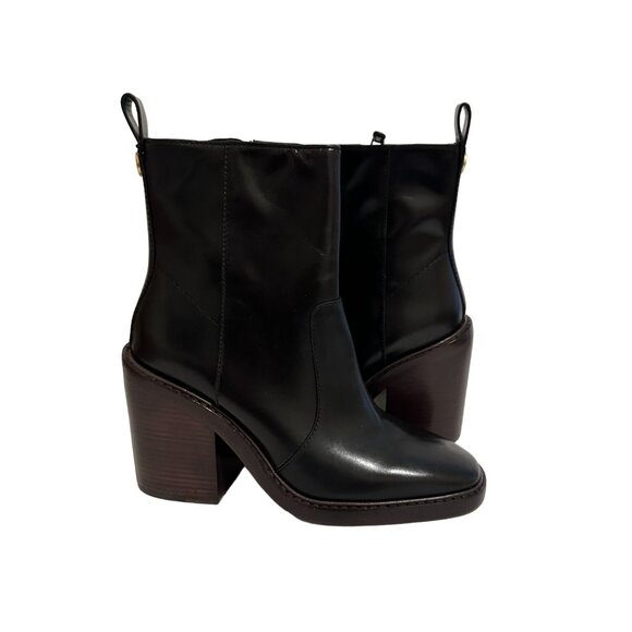 TORY BURCH Black Leather Block Heel Boots Size 8 NEW New without box - Picture 1 of 8